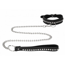 Черный ошейник с поводком Diamond Studded Collar With Leash